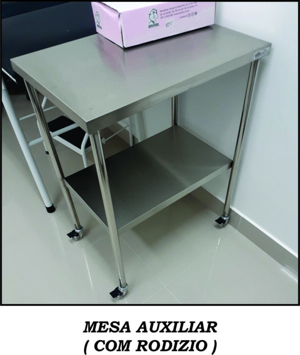 Mesa Auxiliar em Aço Inox Com Rodízios e Prateleira